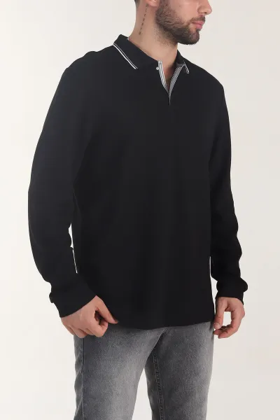 Siyah Oysho Kumaş Polo Yaka Çıt Çıtlı Erkek Sweatshirt 406048