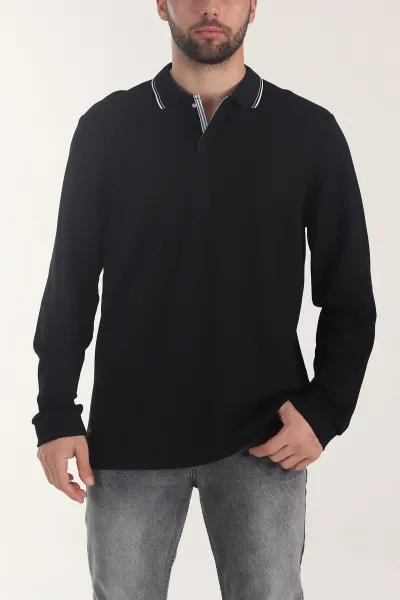 Siyah Oysho Kumaş Polo Yaka Çıt Çıtlı Erkek Sweatshirt 406048