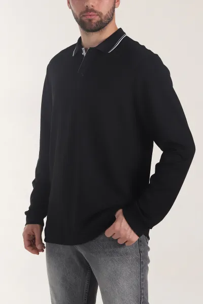 Siyah Oysho Kumaş Polo Yaka Çıt Çıtlı Erkek Sweatshirt 406048