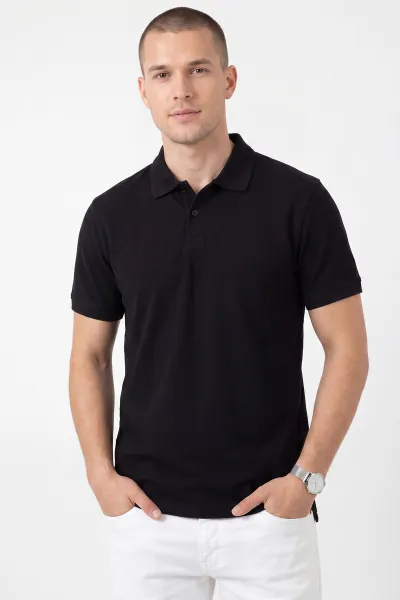 Siyah Oysho Kumaş Polo Yaka Düğme Detaylı Erkek Tişört 462259