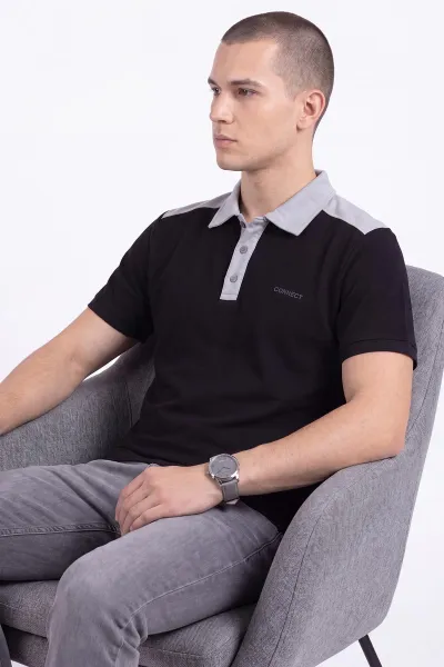 Siyah Oysho Kumaş Polo Yaka Düğme Detaylı Erkek Tişört 471695
