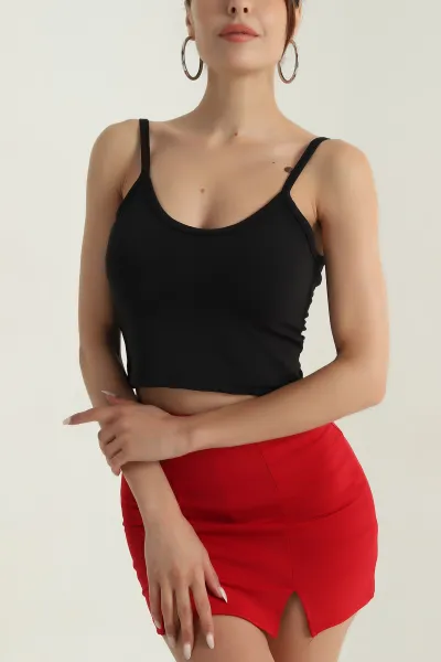 Siyah Palmiye İp Askılı Kadın Crop 379575