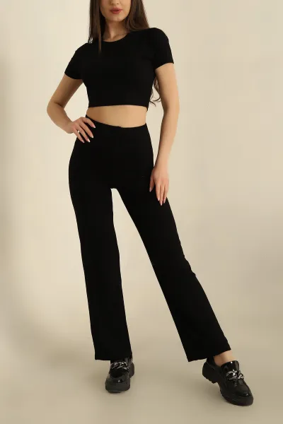 Siyah Pantolon Bluz Fitilli İkili Takım 259973