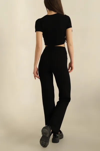 Siyah Pantolon Bluz Fitilli İkili Takım 259973