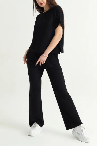 Siyah Pantolon Bluz Kristal Bayan İkili Takım 337801