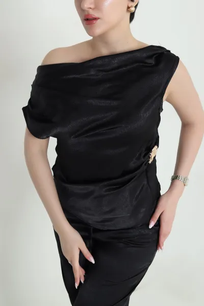 Siyah Pantolon Bluz Saten Kadın İkili Takım 457291