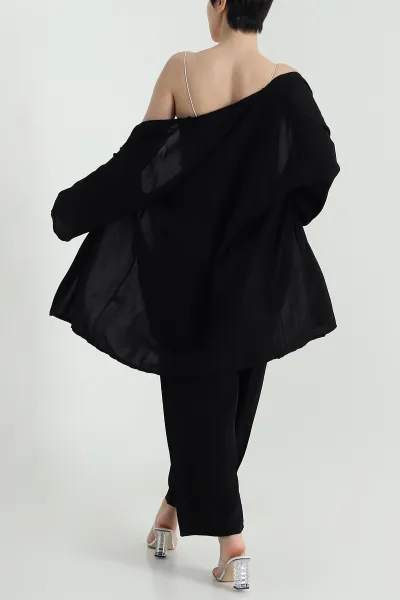Siyah Pantolon Kimono Dokuma Kadın İkili Takım 460345