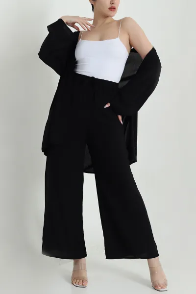 Siyah Pantolon Kimono Dokuma Kadın İkili Takım 460345