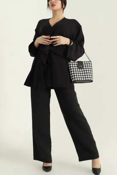 Siyah Pantolon Kimono Keten Bayan İkili Takım 335071