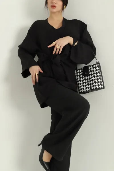 Siyah Pantolon Kimono Keten Bayan İkili Takım 335071