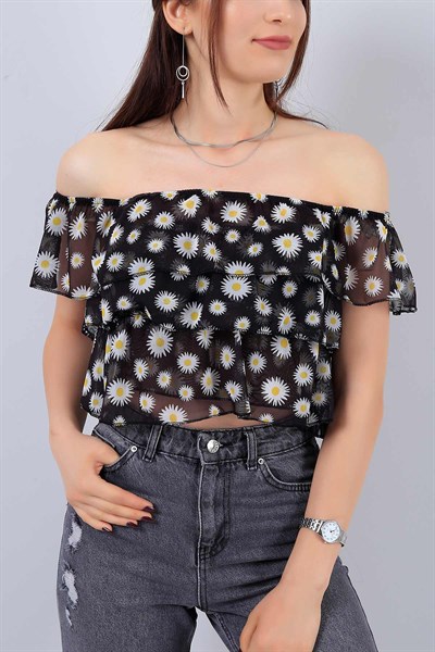 Siyah Papatya Desenli Bayan Bluz 15269B
