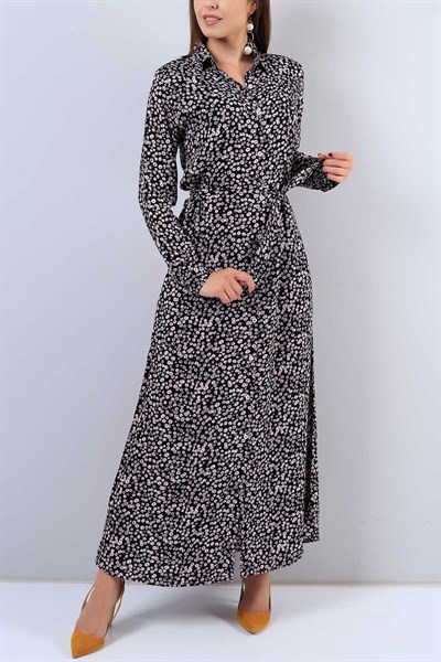 Siyah Papatya Desenli Uzun Kollu Elbise 16217B