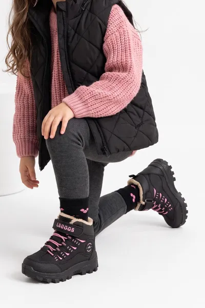 Siyah Pembe ( 26 - 30 ) Bağcıklı Cırtlı İçi Kürklü Kız Çocuk Bot 494808