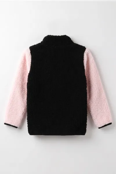 Siyah Pembe (3-12 Yaş)Parça Desenli Fermuarlı Polar Kuzu Hırka 487440