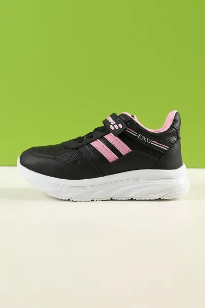 Siyah Pembe (31-35 Filet) Çizgili Kalın Taban Cırtlı Kız Çocuk Spor Ayakkabı 227996