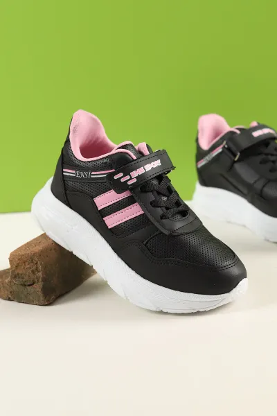 Siyah Pembe (31-35 Filet) Çizgili Kalın Taban Cırtlı Kız Çocuk Spor Ayakkabı 227996