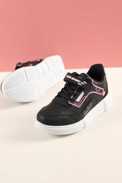 Siyah Pembe (31-35 Filet) Kalın Taban Cırtlı Kız Çocuk Spor Ayakkabı 228002