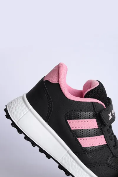 Siyah Pembe (31-35 Filet) Yan  Şeritli Cırtlı Kalın Taban Kız Çocuk Spor Ayakkabı 309104