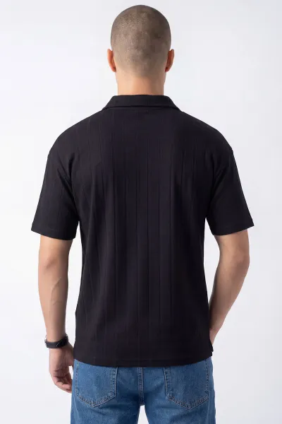 Siyah Pike Kumaş Oversize  Polo Yaka Erkek Tişört 448944