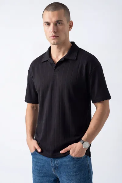 Siyah Pike Kumaş Oversize  Polo Yaka Erkek Tişört 448944
