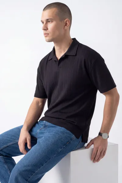 Siyah Pike Kumaş Oversize  Polo Yaka Erkek Tişört 448944