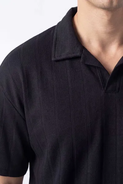 Siyah Pike Kumaş Oversize  Polo Yaka Erkek Tişört 448944