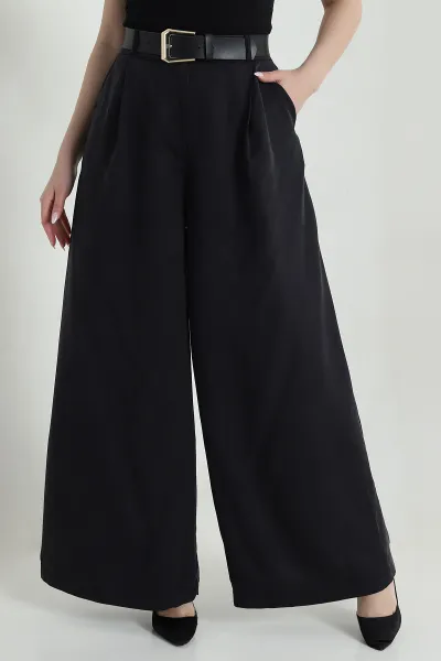 Siyah Pileli Cepli Bol Paça Tencel Kadın Pantolon 459094
