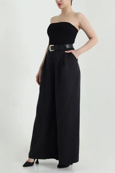 Siyah Pileli Cepli Bol Paça Tencel Kadın Pantolon 459094