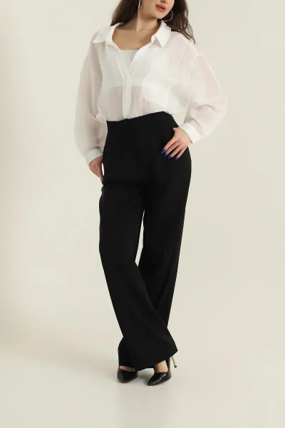 Siyah Pileli Palazzo Twill Kadın Pantolon 425420