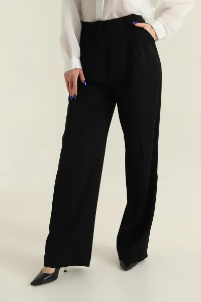 Siyah Pileli Palazzo Twill Kadın Pantolon 425420