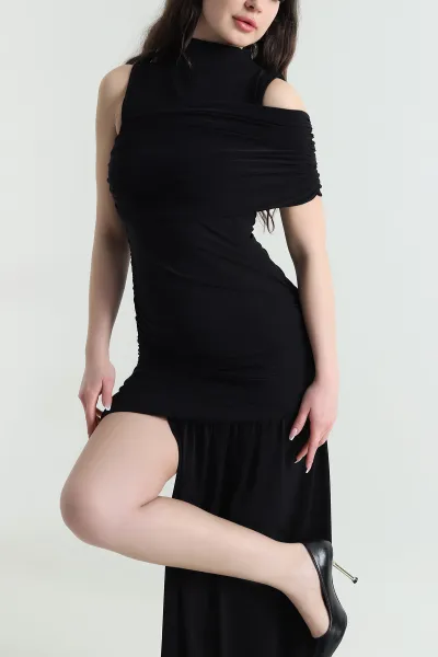 Siyah Pileli Sandy Kadın Elbise 453015