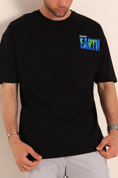 Siyah Planet Sırt Baskılı Oversize Erkek Tişört 186068