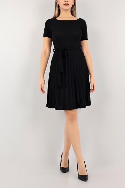 siyah-pliseli-kemerli-elbise-110250