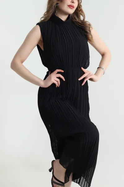 siyah-pliseli-sifon-kadin-elbise-456610