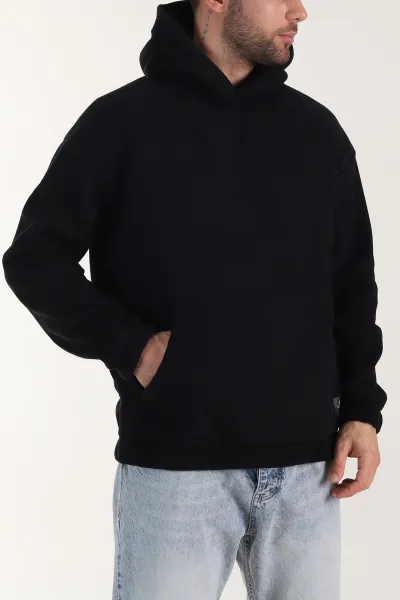 Siyah Polar Kumaş Kapüşonlu Erkek Sweatshirt 408504