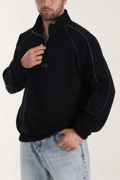 Siyah Polar Kumaş Yarım Fermuarlı Yazı Detaylı Erkek Sweatshirt 408547