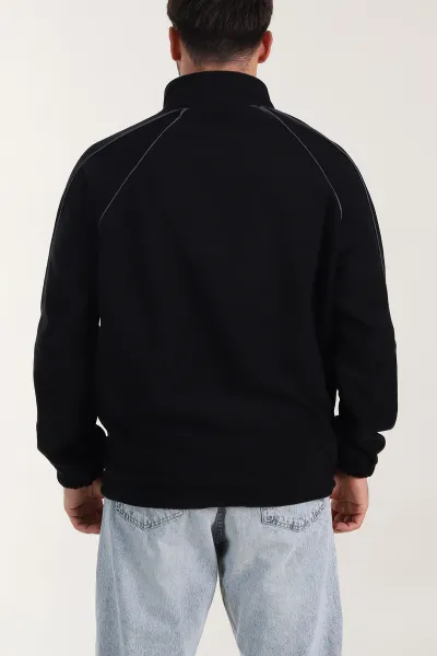 Siyah Polar Kumaş Yarım Fermuarlı Yazı Detaylı Erkek Sweatshirt 408547