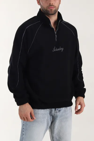 Siyah Polar Kumaş Yarım Fermuarlı Yazı Detaylı Erkek Sweatshirt 408547