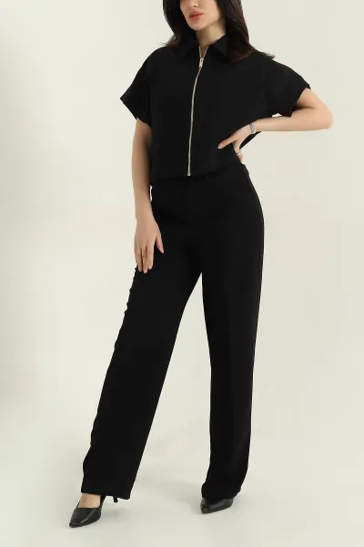 Siyah Polo Yaka Bluz Pantolon İthal Kumaş Kadın İkili Takım 354383