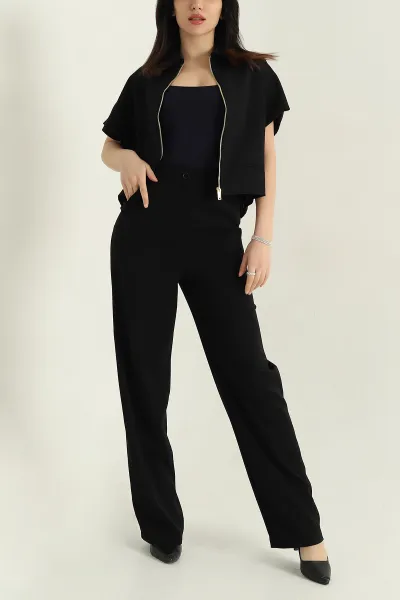 Siyah Polo Yaka Bluz Pantolon İthal Kumaş Kadın İkili Takım 354383