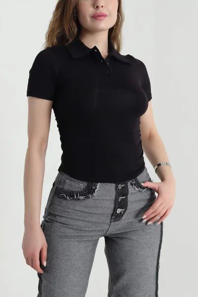 Siyah Polo Yaka Büzgülü Viskon Kadın Bluz 473790
