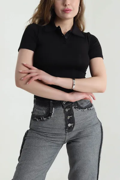 Siyah Polo Yaka Büzgülü Viskon Kadın Bluz 473790