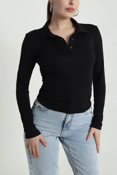 Siyah Polo Yaka Büzgülü Viskon Kadın Bluz 484514