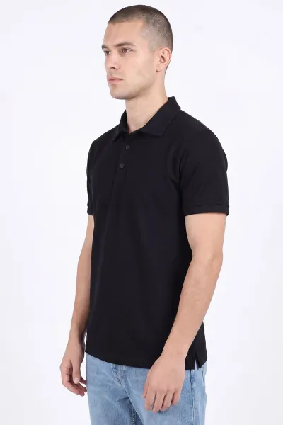 Siyah Polo Yaka Düğme Detaylı Erkek Tişört 462254