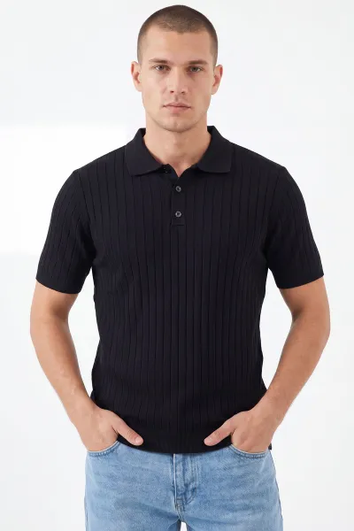 Siyah Polo Yaka Düğmeli Erkek Triko Tişört 459229