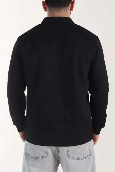 Siyah Polo Yaka Düğmeli Nakış Detaylı Erkek Sweatshirt 404861
