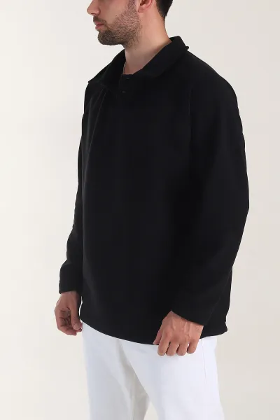 Siyah Polo Yaka Düğmeli Uzun Kollu Polar Kumaş Erkek Sweatshirt 404278