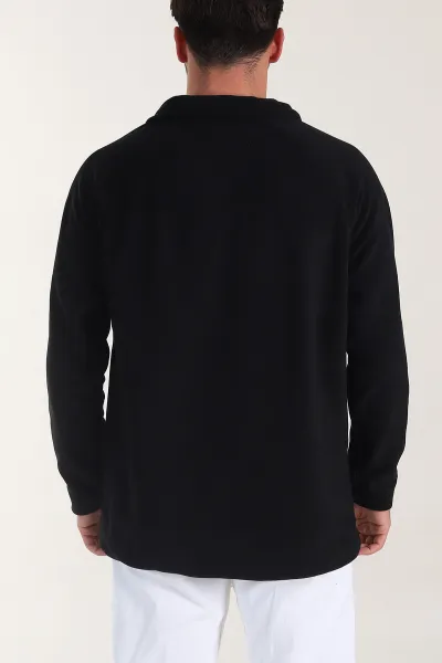 Siyah Polo Yaka Düğmeli Uzun Kollu Polar Kumaş Erkek Sweatshirt 404278