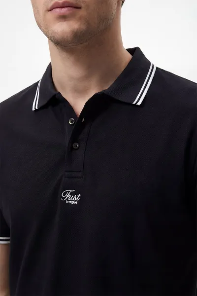 Siyah Polo Yaka Düğmeli Yazı Detaylı Erkek Tişört 435370