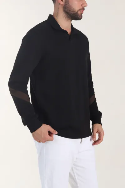 Siyah Polo Yaka Erkek Sweatshirt 406881